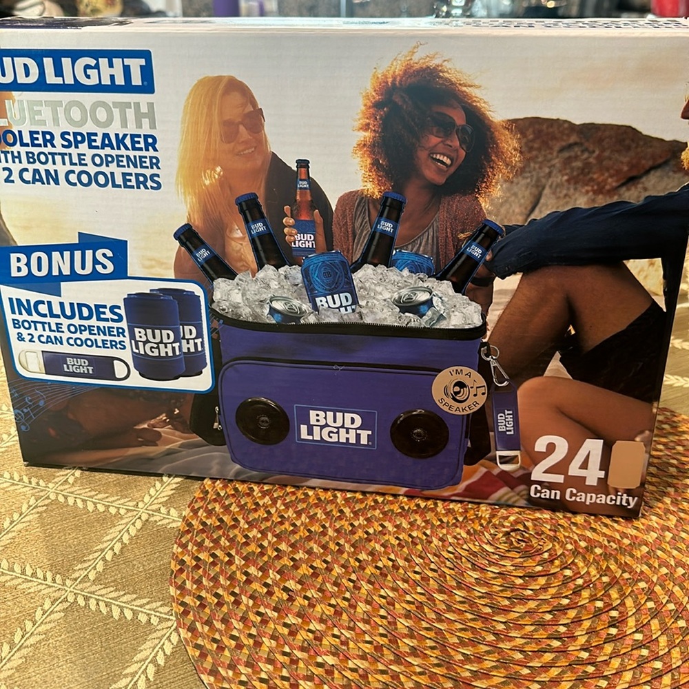 Bud Light Bluetooth Cooler Speaker with Bottle Opener and Two Can Cooler.